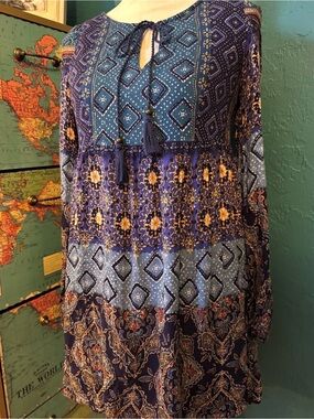 Alya Navy & Gold Patchwork Tassel Boho Dress